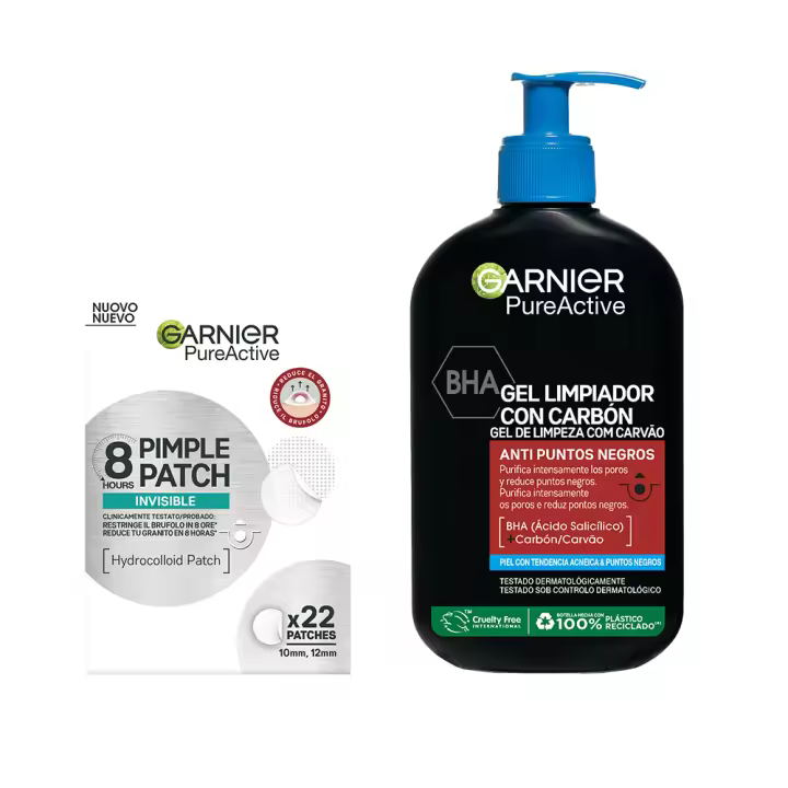 Garnier | Pack Pure Active Gel limpiador Anti Puntos Negros con Carbón y Ácido Salicílico purifica intensamente los poros y reduce puntos negros. 250ml + Pimple Patches para granos 22unidades - 1