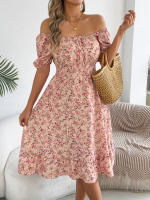 Vestido Elegante De Primavera Y Verano Para Mujer Con Estampado Floral Cuello Cuadrado Manga Corta Volante Al Borde Vestido A-Line De Rodilla - details 3