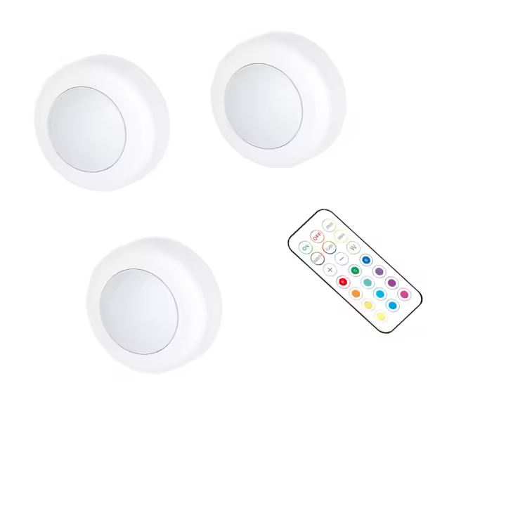 Luz de control remoto RGB de 2,42 pulgadas, luz LED que cambia de color, funciona con batería regulable, luz inalámbrica debajo del gabinete, 13 colores, 100 horas de duración de la batería, con temporizador y memoria (blanco) - 1