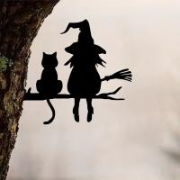 Juego De 2 Destellos De Jardín En Hierro Silueta De Bruja Y Gato Decoración Para Jardín Patio Arte De Jardín Incluye Túmulo De Árbol - details 1