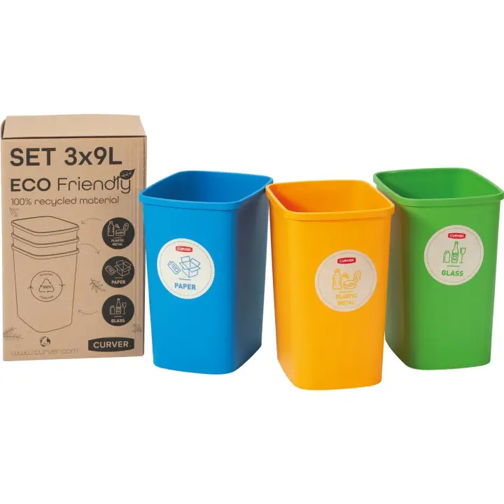 CURVER Pack 3 Cubos reciclaje 9 litros  Ecobin basura papelera DIMENSIONES 20x33x38 (medidas individuales de cada cubo) - 1