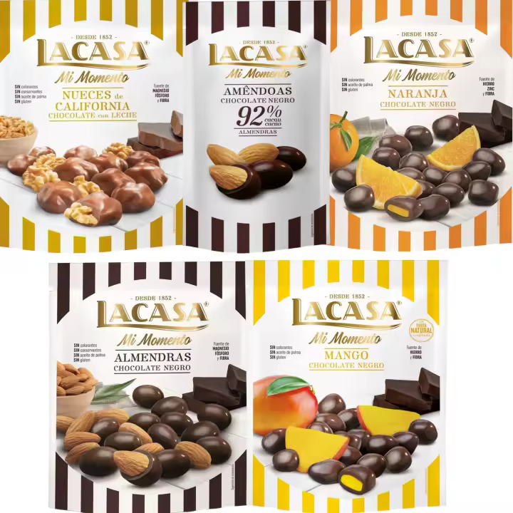 Lacasa Mi Momento pack de 5:Almendra 92% 65G,Nueces Leche 115G,Almendra choco Negro 125G,Naranja choco Negro 125G,Mango choco Negro 115G - 1
