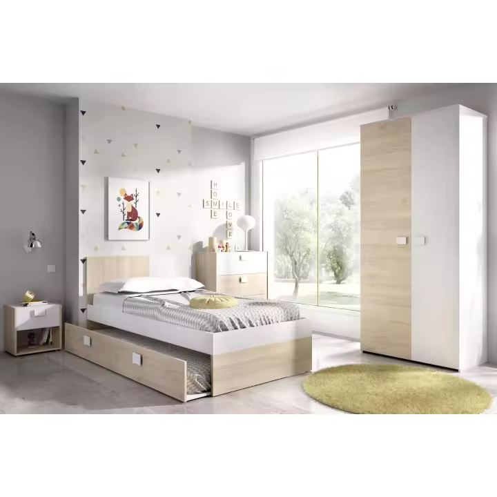 DEKIT GRUPO RIMOBEL DINA PACK - CONJUNTO DE CAMA 190X90 CON ARRASTRE, MESITA DE NOCHE, COMODA DE 3 CAJONES Y ARMARIO - NATURAL / BLANCO - 1