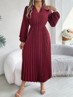 Vestido Largo De Mujer Elegante Con Tres V-Neck Y Cintura Ajustada Estilo Europeo Y Americano Para Otoño E Invierno - details 12