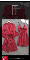 Conjunto De Pijamas Para Mujer Leepwear 2PCS Satinado Con Camisola De Encaje Y Bata De Noche V-Neck Longitud Pierna Completa Estilo Básico Para Novia - details 3