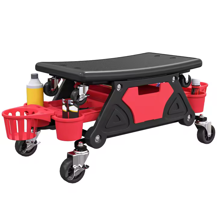 HOMCOM Taburete de Taller Giratorio con Ruedas Altura Ajustable Asiento Taburete para Mecánico con 2 Bandejas para Herramientas Portavasos Cajón Carga 135 kg para Garaje Reparación de Automóviles Rojo - 1
