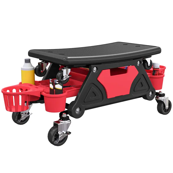 HOMCOM Taburete de Taller Giratorio con Ruedas Altura Ajustable Asiento Taburete para Mecánico con 2 Bandejas para Herramientas Portavasos Cajón Carga 135 kg para Garaje Reparación de Automóviles Rojo - 1