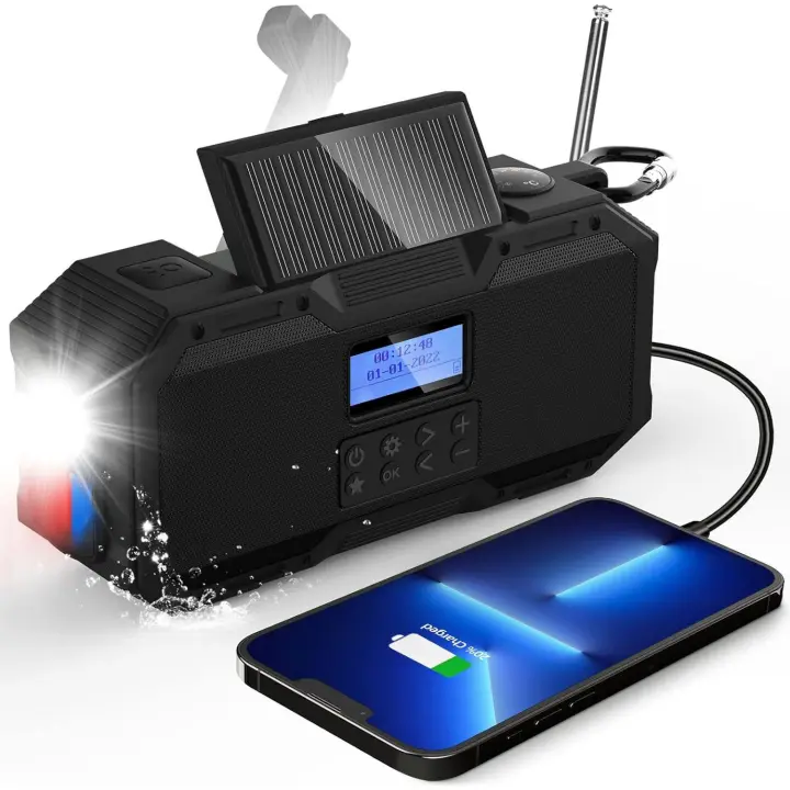 Radio FM portátil con Altavoz Bluetooth Impermeable, Radio de manivela con función de Carga de teléfono móvil, Banco de energía Solar de 4000 mAh, Linterna, luz estroboscópica, luz de Lectura - 1