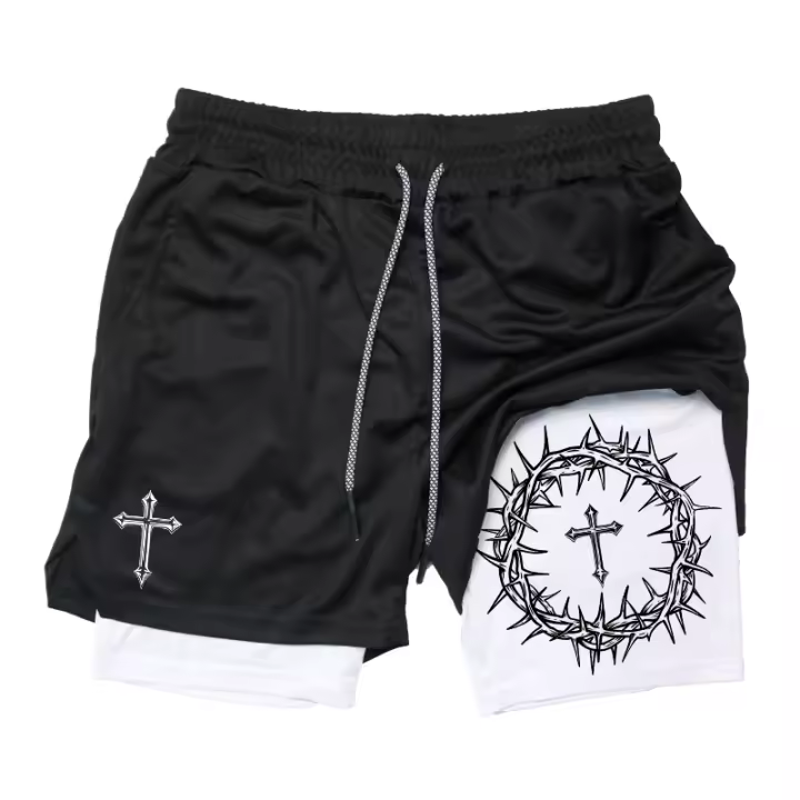 Shorts De Entrenamiento Para Hombre Con Estampado Cruzado Y Bolsillo Para Teléfono Y Anillo De Toalla 2 En 1 Ropa Deportiva Cristiana Para Correr En La Pista De Gimnasio - 1