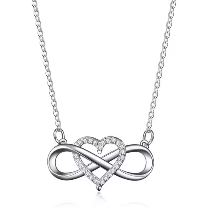 Serie Infinito: Collar de corazón de plata de ley con cadena extensible y colgante infinito con circonitas. Plata de ley 925. - 1