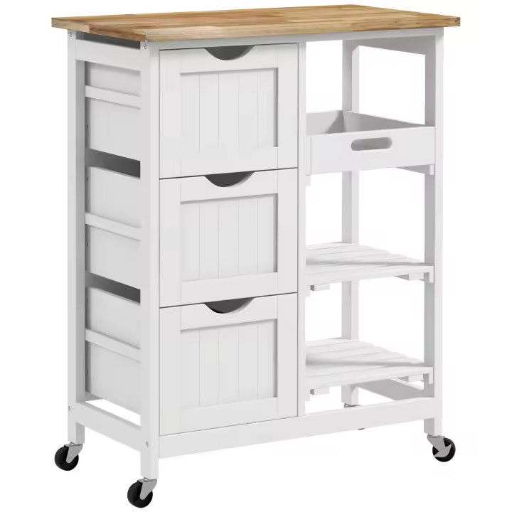 HOMCOM Carro de Cocina Carrito Auxiliar con Ruedas Carrito Verdulero con Tablero de Madera 3 Cajones 2 Estantes Abiertos y Bandeja Extraíble para Comedor Salón 67x37x85,5 cm Blanco - 1