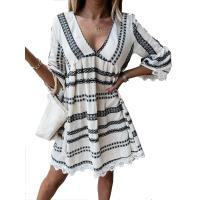 Vestido De Verano Para Mujer Con Cuello En V Y Lantejuelas Manga Larga Impresión Casual Vestido De Vacaciones De Pierna Larga - details 5
