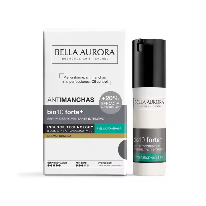 Bella Aurora BIO10 FORTE+ Serum Despigmentante Piel Mixta-Grasa | Reduce manchas, poros y brillos | Con B-CORE 221TM y ácido tranexámico | Protección UVA, UVB, IR y luz azul | 30ml - 1