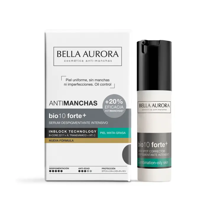 Bella Aurora BIO10 FORTE+ Serum Despigmentante Piel Mixta-Grasa | Reduce manchas, poros y brillos | Con B-CORE 221TM y ácido tranexámico | Protección UVA, UVB, IR y luz azul | 30ml - 1