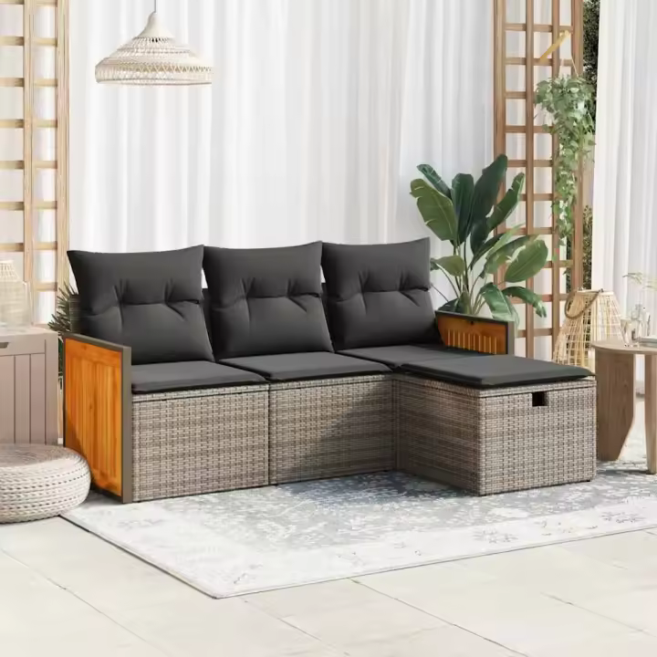 vidaXL Set de sofás de jardín 4 pzas y cojines ratán sintético gris - 1