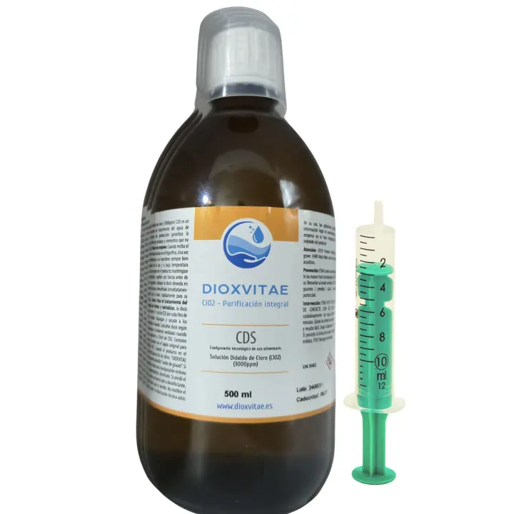Dioxvitae® Dióxido de Cloro 3.000 ppm | 250 ml. | CDS al 0,3% | Fabricado y Registrado en España | Botella Vidrio Ámbar + Jeringilla + Vaso Dosificador + Tapon con Gotero y Precinto de Seguridad. - 1