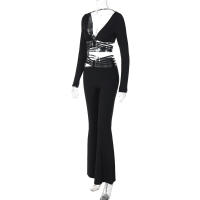 Conjunto De Dos Piezas Para Mujer Otoño Invierno Camiseta De Cuello V Con Espalda Descubierta Y Pantalones Delgados De Estilo Callejero - details 4
