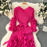 Vestido Elegante De Mujer 2024 Pleated Miyak Primavera Otoño V-Neck Suéter Beaded Exquisito Cinturón A-Line Midi Vintage Polyester - details 19