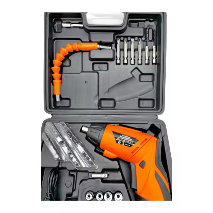 AC Tools Mini Atornillador compacto de batería 3.6V 47 piezas articulado, puede usarse en modo pistola o rotar y usarse en posición vertical recta. Modelo naranja. Incluye cable de carga. - 1
