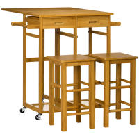 HOMCOM Juego de Mesa Alta de Bar y 2 Taburetes, Mesa Alta de Cocina de Bambú con Ruedas, Tablero Plegable, Ahorro Espacio, Cajones, Toalleros y Reposapiés, Marrón - details 0