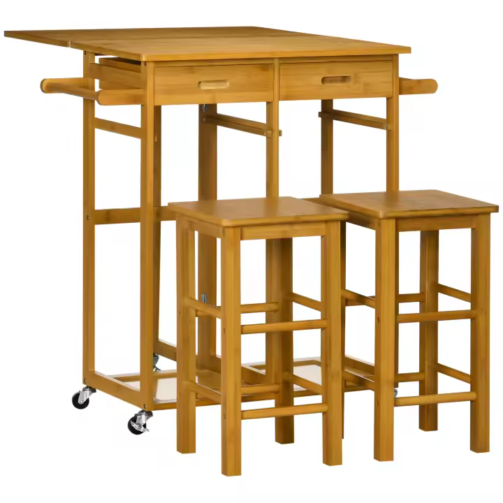HOMCOM Juego de Mesa Alta de Bar y 2 Taburetes, Mesa Alta de Cocina de Bambú con Ruedas, Tablero Plegable, Ahorro Espacio, Cajones, Toalleros y Reposapiés, Marrón - 1