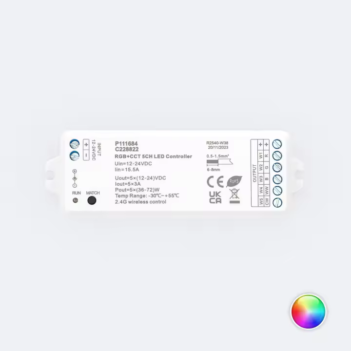 Ledkia Controlador Regulador LED 12/24V DC para Tira LED RGBWW compatible con Mando RF RGBWW - 1