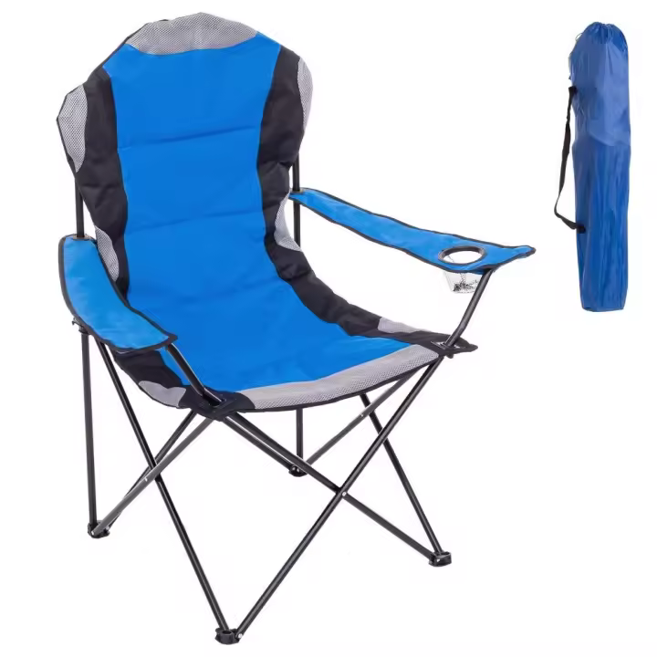 LOLAhome Silla playa camping pesca y caza acolchada plegable cierre tijera estructura acero con Epoxi anticorrosión y tejido Oxford azul, portavasos y bolsa de transporte - 1