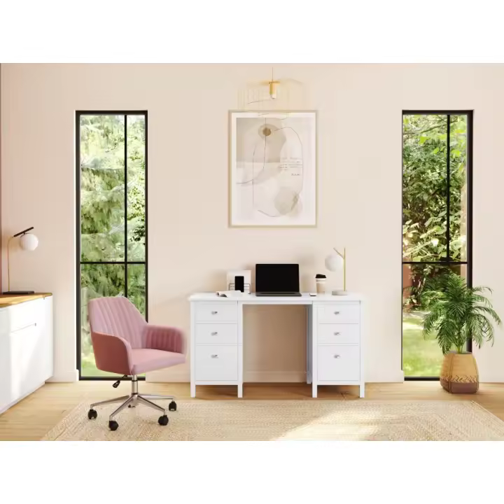 Vente-unique - Escritorio ALBANE - 4 cajones - 1 puerta - Pino blanco - 1
