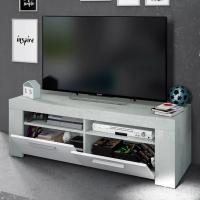 Meimon Mueble TV AMBIT con 2 puertas, 2 huecos superiores con pasacables, tiradores metálicos efecto cromo, patas y tacos ABS, acabado en Blanco Artik y Cemento, estructura en tablero melaminizado E1 de 15 mm, medidas 120x42x40 cm, soporte 40 kg - details 1