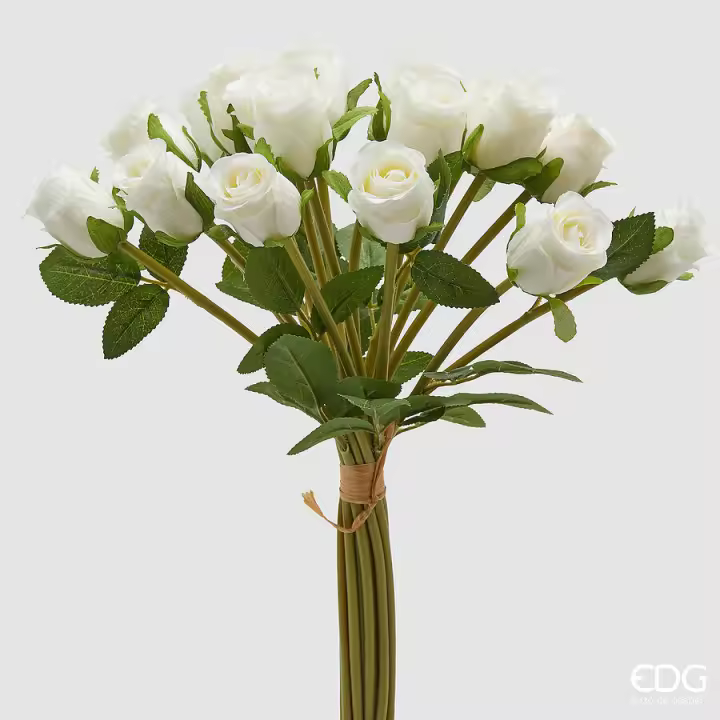 EDG Enzo De Gasperi Cubierta Rosa con Hojas H 40 Cm Bouquet 18 Flores Blancas - 1