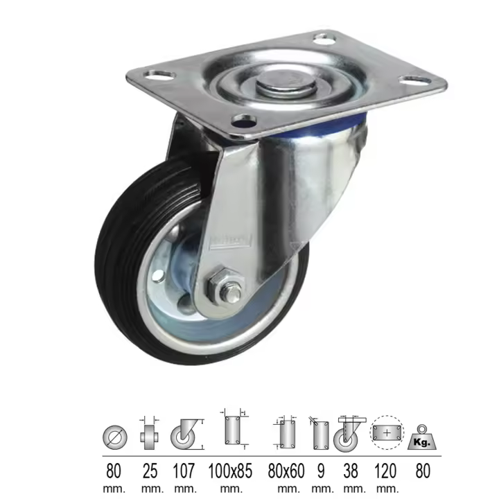 SANCO STORE - WOLFPACK LINEA PROFESIONAL Rueda Industrial Goma Negra Placa   80 mm. - 1