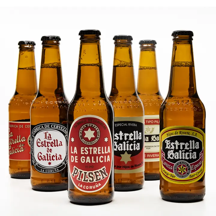 Colección de botellas de cerveza Estrella Galicia, variedad de etiquetas históricas, 6 botellas de 33 cl - 1