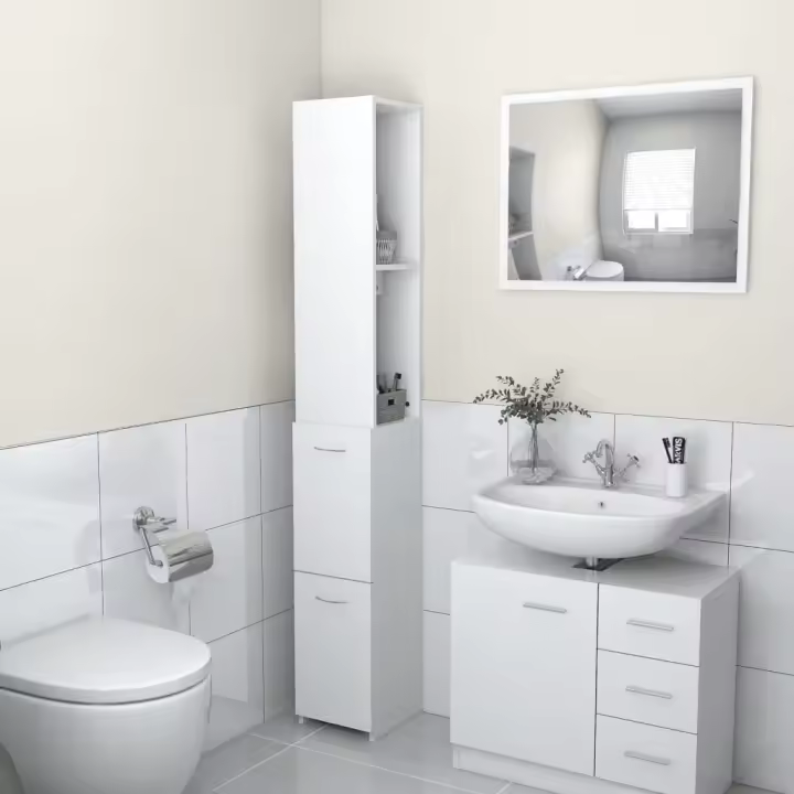 vidaXL Armario de baño madera contrachapada 25x26,5x170 cm en color Blanco/Roble Sonoma/Gris sonoma y más | almacenamiento funcional diseño moderno para baño dormitorio sala - 1