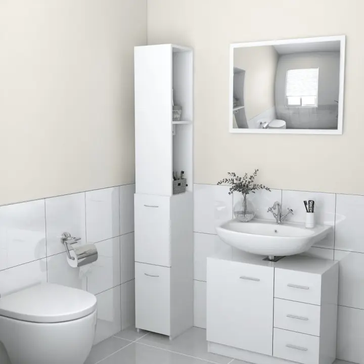 vidaXL Armario de baño madera contrachapada 25x26,5x170 cm en color Blanco/Roble Sonoma/Gris sonoma y más | almacenamiento funcional diseño moderno para baño dormitorio sala - 1
