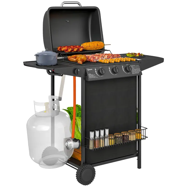 Outsunny Barbacoa de Gas BBQ Gas con 3+1 Quemadores 9,5 kW Barbacoa Portátil con Termómetro Mesa Lateral Estante Especiero Parrilla Recogedor de Grasa 2 Ruedas para Jardín Exterior Camping Negro - 1