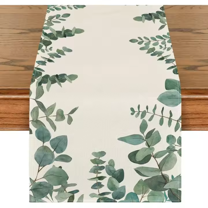 Camino de mesa de verano con hojas de eucalipto, decoración de mesa de comedor de cocina de primavera de temporada para decoración de fiesta en el hogar 33 x 183 cm - 1