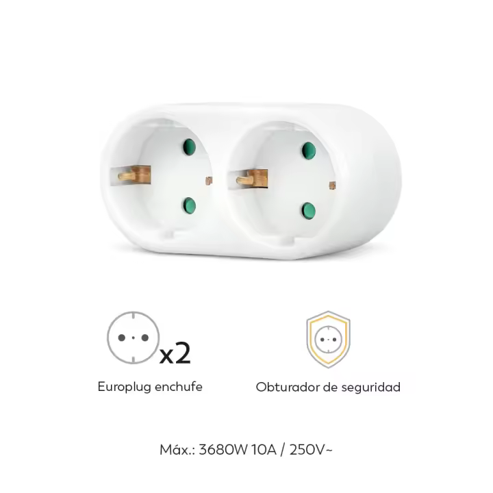 Garza - Adaptador Doble Frontal Schuko - Ideal para Oficina y Hogar - Protección Infantil - 3680w 16a 230v - 1