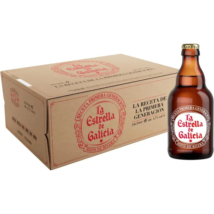 La Estrella de Galicia - Cerveza Lager Premium, Pack de 24 Botellines de 33 cl, Sabor Dulce y Amargo, Muy Equilibrada, 4,7% Volumen de Alcohol - 1