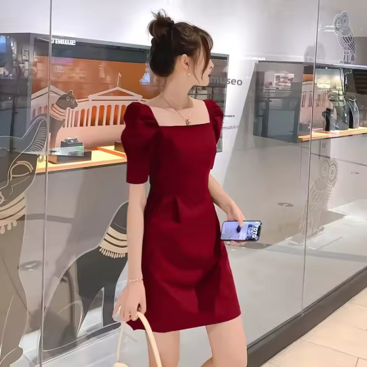 Vestido De Manga Corta Para Mujer Verano 2024 Estilo Retro Casual Cintura Elástica Vestido De Encaje Manga Burbuja Vestido Mini - 1