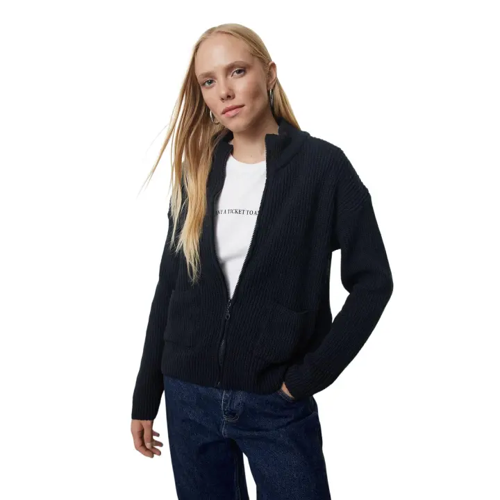 Trendyol Anthracite More Sustainable Zippered Oversize Soft Textured Pocket Cotton Knit Cardigan Twoaw25Hi00314 - 1