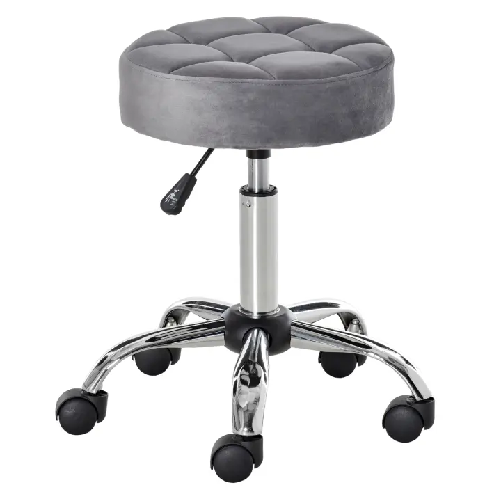 HOMCOM Sillón de Peluquería con Ruedas Taburete con Ruedas Taburete de Peluquería Giratorio Regulable en Altura Espuma de Tacto Terciopelo Base Cromada Gris Claro 35 x 35 x 49-61 cm - 1