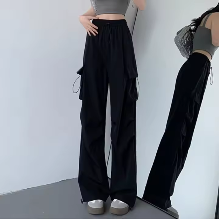 Pantalones Cargo Para Mujer De Pierna Ancha Moda Verano/Otoño Cintura Alta Ropa Casual Con Bolsillos Tejido Poliéster Talla Regular - 1