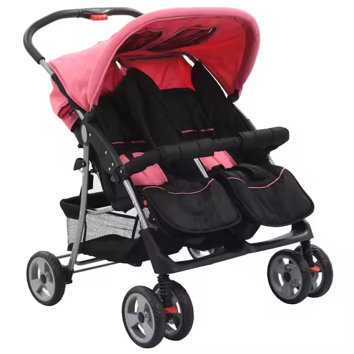 vidaXL Cochecito gemelar de acero y negro en color Rojo/Rosa/Gris - 1