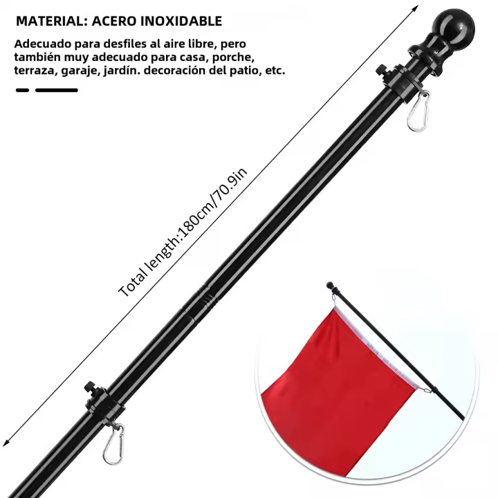Palo De Bandera Telescópico De 1.8M Con Anillos Giratorios Sin Enredos De 360 Grados Y Soporte De Montaje En Pared Acero Inoxidable - 1
