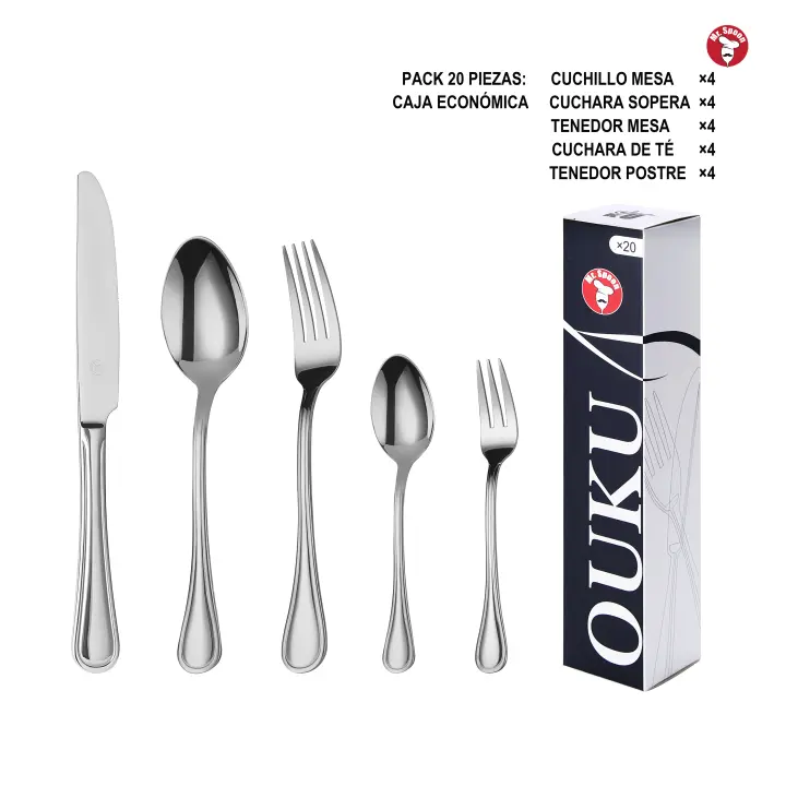 Mr.Spoon Serie Raya Juego 20, 30 o 36 piezas cubiertos,Acero Inoxidable 18/0,Económico y funcional,Incluye cuchillo de carne o mesa, tenedor,cuchara,cucharilla,etc,Mango monobloque,Apto para lavavajillas,Empaque ecológico,Ideal para casa,hotel,restaurante - 1