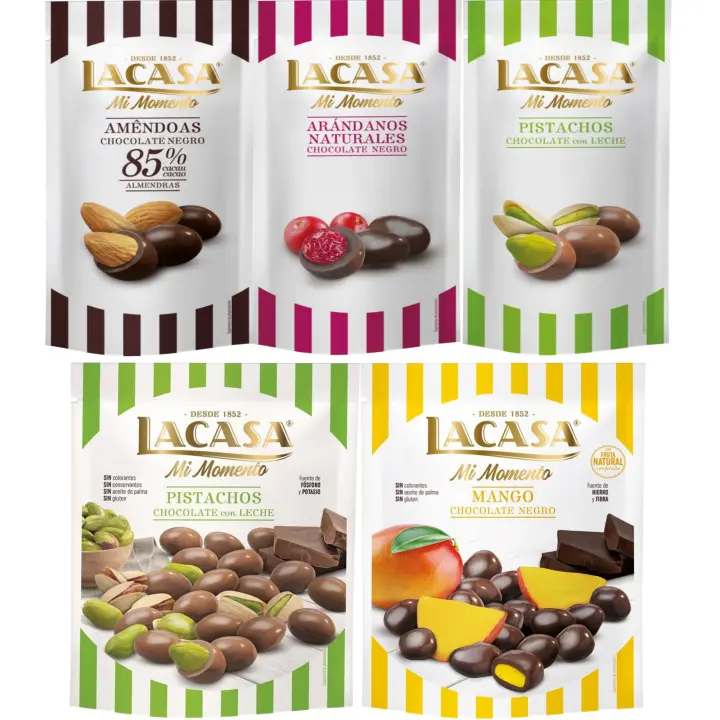 Lacasa Mi Momento pack de 5:Arándano  Negro 60 G,Pistacho  Leche 50 G,Almendra 85% 65 G,Pistacho  Leche 100 G,Mango  Negro 115 G - 1