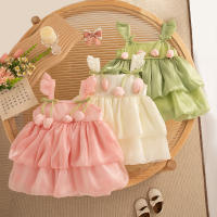 Vestido De Princesa Para Bebé Niña Verano Patrón De Tul Sólido Estilo Casual Halter Puff Faldón Corto Material Poliéster Talla True Fit - details 1