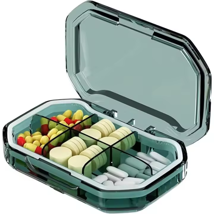 Pastilleros portátiles, Organizador de 6 rejillas, contenedor para tabletas, pastillero de viaje con anillo de asiento, organizer sellado, 1 Unidad - 1