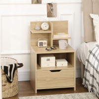 HOMCOM Mesita de Noche Moderna, Mesilla de Noche con Cajón y Estantes Pequeños y Compartimiento, Mesita Auxiliar para Dormitorio, Salón, 45x35x73 cm, Natural - details 1