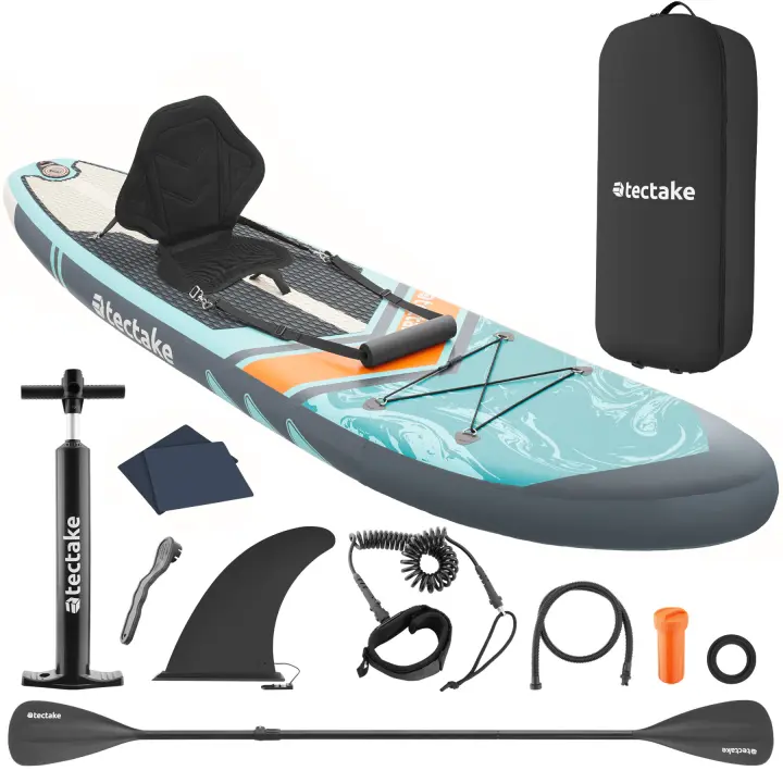 Tectake - Tabla de paddle surf, Hinchable 2 en 1, Set completo, Asiento Kayak, Stand Up Paddle, Accesorios Paddle Surf, Padel Surf Hinchable, Gran estabilidad, Correa de sujeción para el pie, Drop-Stitch para una máxima rigidez, Sistema de 3 aletas - 1